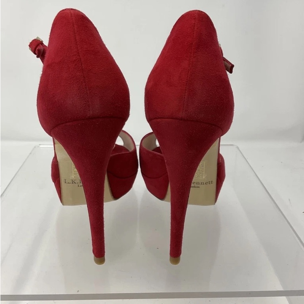 LK Bennett Red Suede Peep-Toe Ankle-Strap Heels - Picture 3 of 6